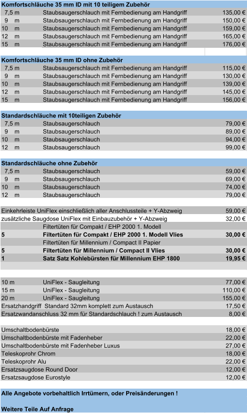 Komfortschläuche 35 mm ID mit 10 teiligem Zubehör    7,5 m Staubsaugerschlauch mit Fernbedienung am Handgriff 135,00 €   9    m  Staubsaugerschlauch mit Fernbedienung am Handgriff 150,00 € 10    m  Staubsaugerschlauch mit Fernbedienung am Handgriff 159,00 € 12    m  Staubsaugerschlauch mit Fernbedienung am Handgriff 165,00 € 15    m  Staubsaugerschlauch mit Fernbedienung am Handgriff 176,00 € Komfortschläuche 35 mm ID ohne Zubehör    7,5 m Staubsaugerschlauch mit Fernbedienung am Handgriff 115,00 €   9    m  Staubsaugerschlauch mit Fernbedienung am Handgriff 130,00 € 10    m  Staubsaugerschlauch mit Fernbedienung am Handgriff 139,00 € 12    m  Staubsaugerschlauch mit Fernbedienung am Handgriff 145,00 € 15    m  Staubsaugerschlauch mit Fernbedienung am Handgriff 156,00 € Standardschläuche mit 10teiligen Zubehör    7,5 m  Staubsaugerschlauch 79,00 €   9    m  Staubsaugerschlauch 89,00 € 10    m  Staubsaugerschlauch 94,00 € 12    m  Staubsaugerschlauch 99,00 € Standardschläuche ohne Zubehör    7,5 m  Staubsaugerschlauch 59,00 €   9    m  Staubsaugerschlauch 69,00 € 10    m  Staubsaugerschlauch 74,00 € 12    m  Staubsaugerschlauch 79,00 € Einkehrleiste UniFlex einschließlich aller Anschlussteile + Y-Abzweig 59,00 € zusätzliche Saugdose UniFlex mit Einbauzubehör + Y-Abzweig 32,00 € Filtertüten für Compakt / EHP 2000 1. Modell  5 Filtertüten für Compakt / EHP 2000 1. Modell Vlies 30,00 € Filtertüten für Millennium / Compact II Papier 5 Filtertüten für Millennium / Compact II Vlies 30,00 € 1 Satz Satz Kohlebürsten für Millennium EHP 1800  19,95 € 10 m  UniFlex - Saugleitung 77,00 € 15 m  UniFlex - Saugleitung 110,00 € 20 m  UniFlex - Saugleitung 155,00 € Ersatzhandgriff  Standard 32mm komplett zum Austausch 17,50 € Ersatzwandanschluss 32 mm für Standardschlauch ! zum Austausch 8,00 € Umschaltbodenbürste 18,00 € Umschaltbodenbürste mit Fadenheber 22,00 € Umschaltbodenbürste mit Fadenheber Luxus 27,00 € Teleskoprohr Chrom 18,00 € Teleskoprohr Alu 22,00 € Ersatzsaugdose Round Door 12,00 € Ersatzsaugdose Eurostyle 12,00 € Alle Angebote vorbehaltlich Irrtümern, oder Preisänderungen ! Weitere Teile Auf Anfrage